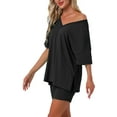 thumbnail image 4 of Pijamas para mujeres INSPIRE CHIC de 2 piezas, conjunto de camiseta de cuello en V oversized, traje reversible, camisetas, pantalones cortos de ciclista, conjunto de lounge M negro, 4 of 5