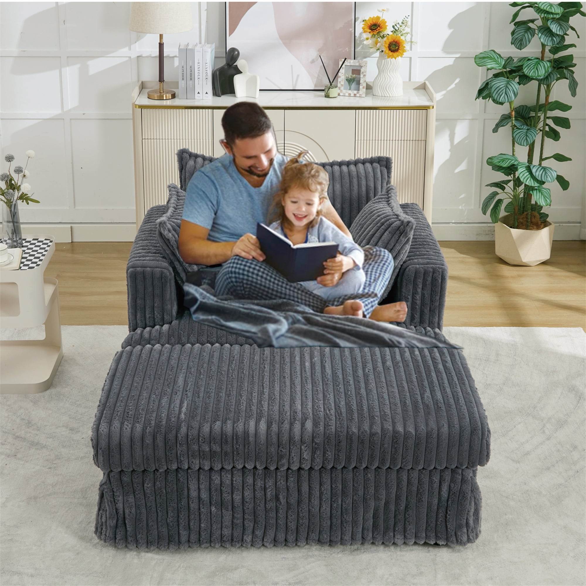 Aukfa 48" inch Chaise Lounge, Oversized Sofa Chair with Ottoman, 3 Pillows, Corduroy, Dark Gray