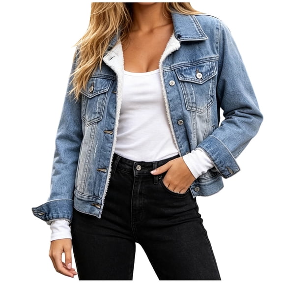 Ozmmyan Womens Fall Winter Collared Long Sleeve Button Down Sherpa Lined Denim Trucker Jacket with Chest Pockets