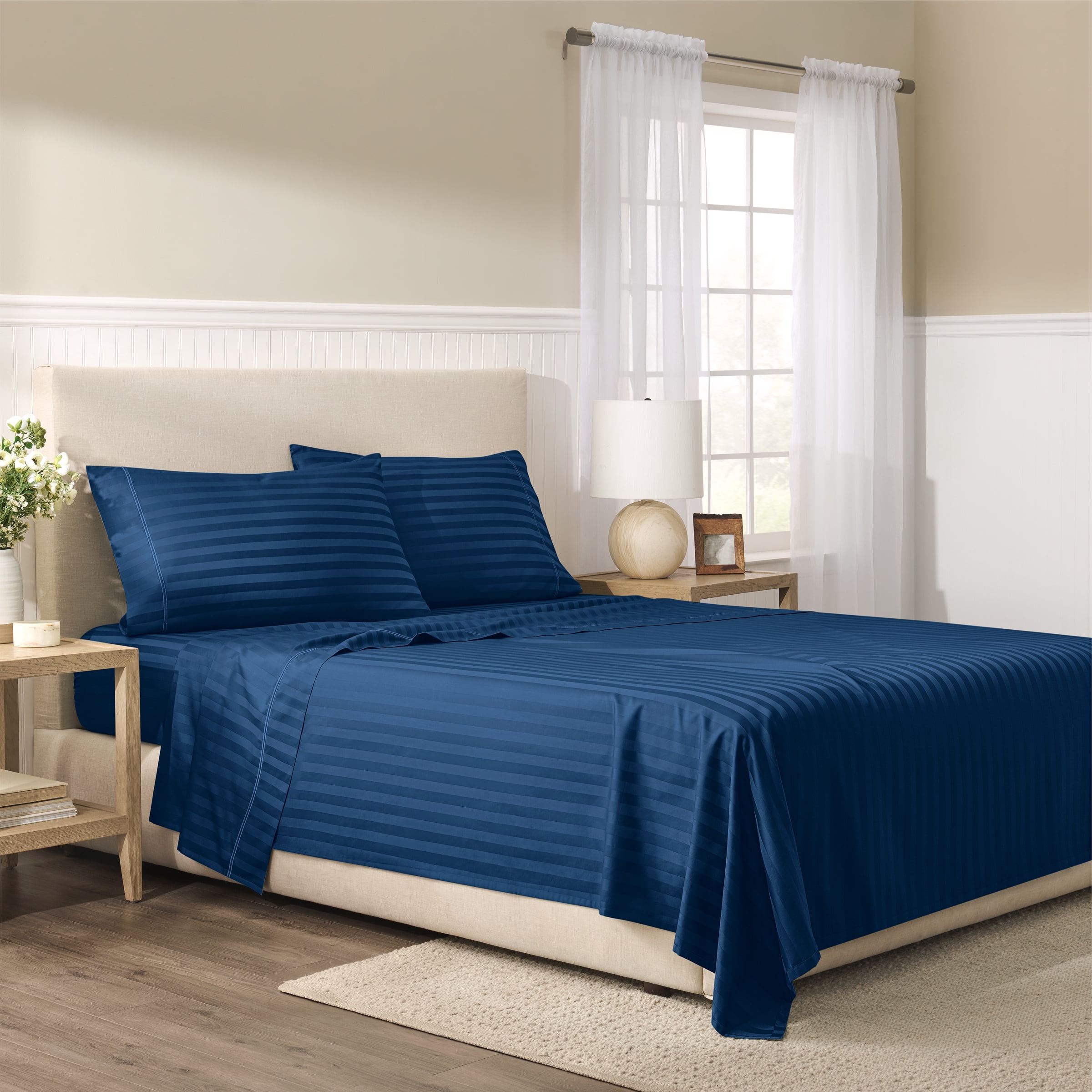 Wamsutta 1846 4-Piece 650 Thread Count Titan Stripe Egyptian Giza Cotton Sateen Bed Sheets, Queen-Deep Pocket