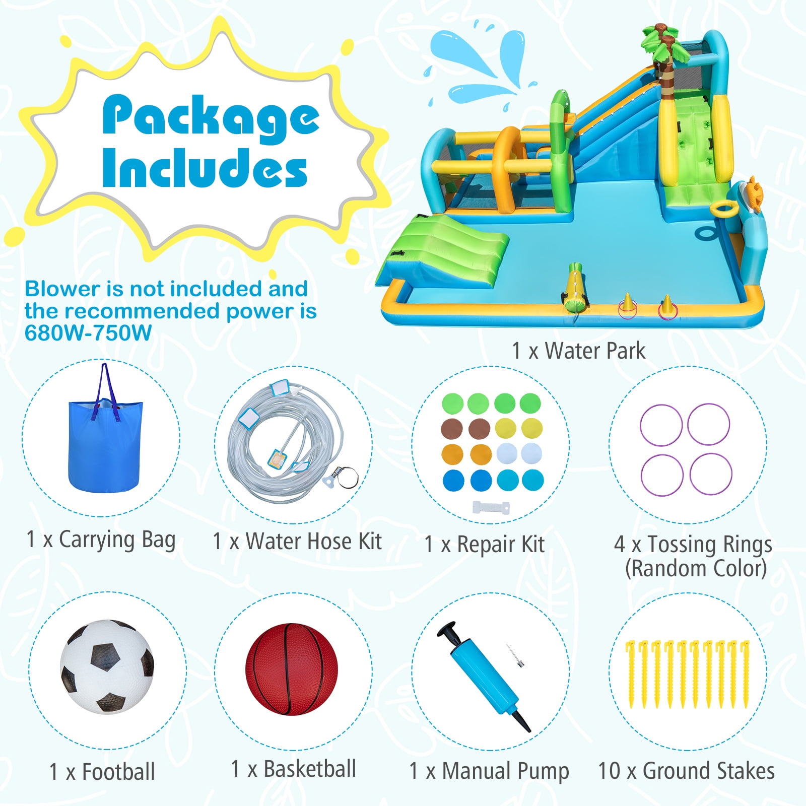 Costway Inflatable Water Park with Climbing Wall Basketball Rim Target Game Without Blower