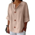 thumbnail image 4 of Brown Womens Tops Linen Shirts for Women Summer Cotton Linen V Neck 3/4 Sleeve Tops Loose Vacation Beach Solid Blouses Tunic Tops Shirts for Women, 4 of 6