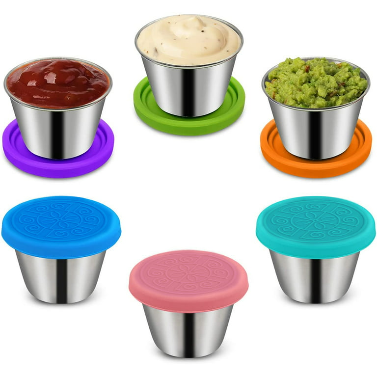 Salad Dressing Container To Go, 6x1.6 oz Small Containers with Lids  Stainless Steel Sauce Containers, Fits in Bento Box for Lunch, Premium  Silicone, Leak Proof, Easy Open Reusable Condiment Cups
