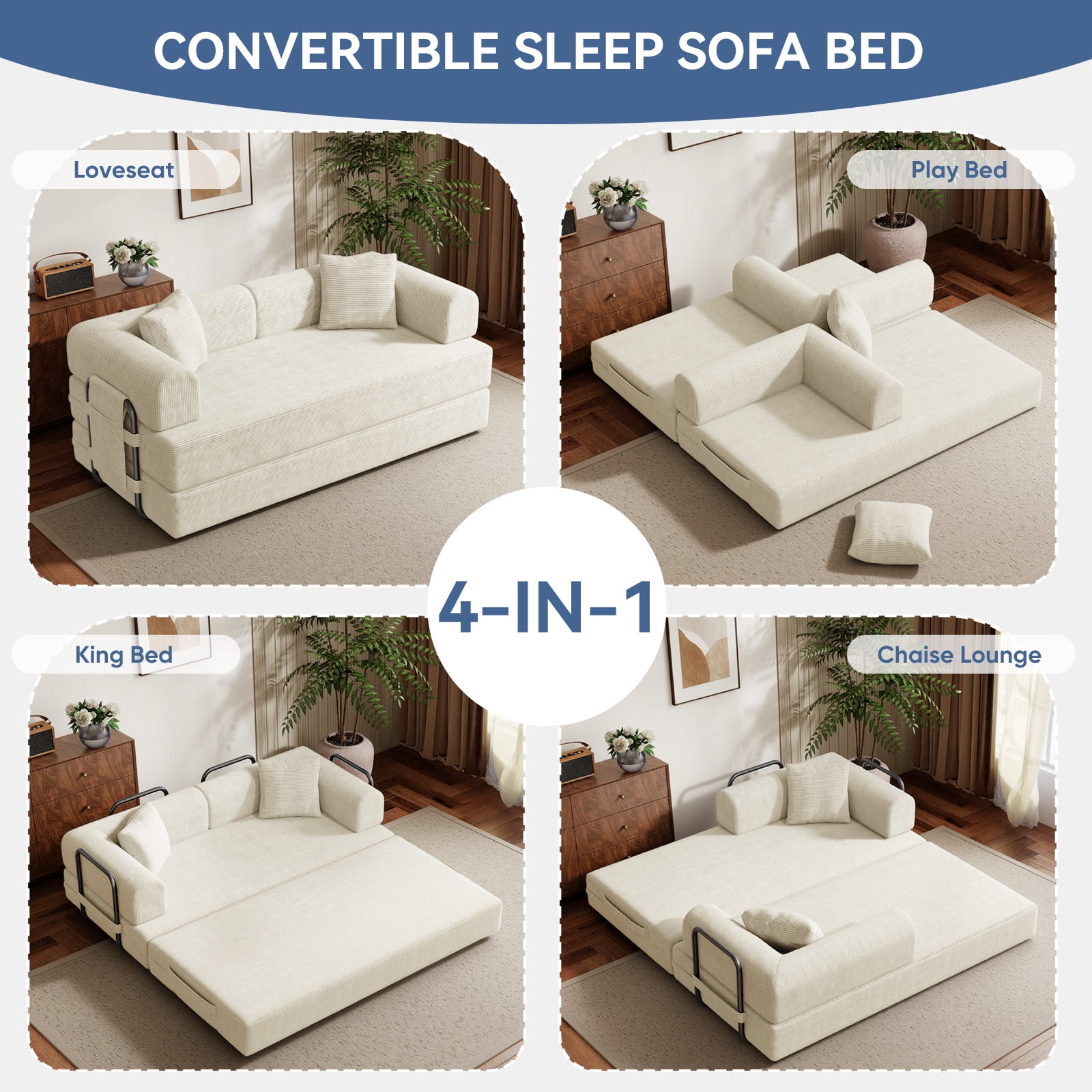 Daluvenix 4-in-1 Folding Convertible Sofa Bed 81 Inch Oversized Corduroy Upholstered Boneless Couch Loveseat Sleeper with Pull Out Bed Beige
