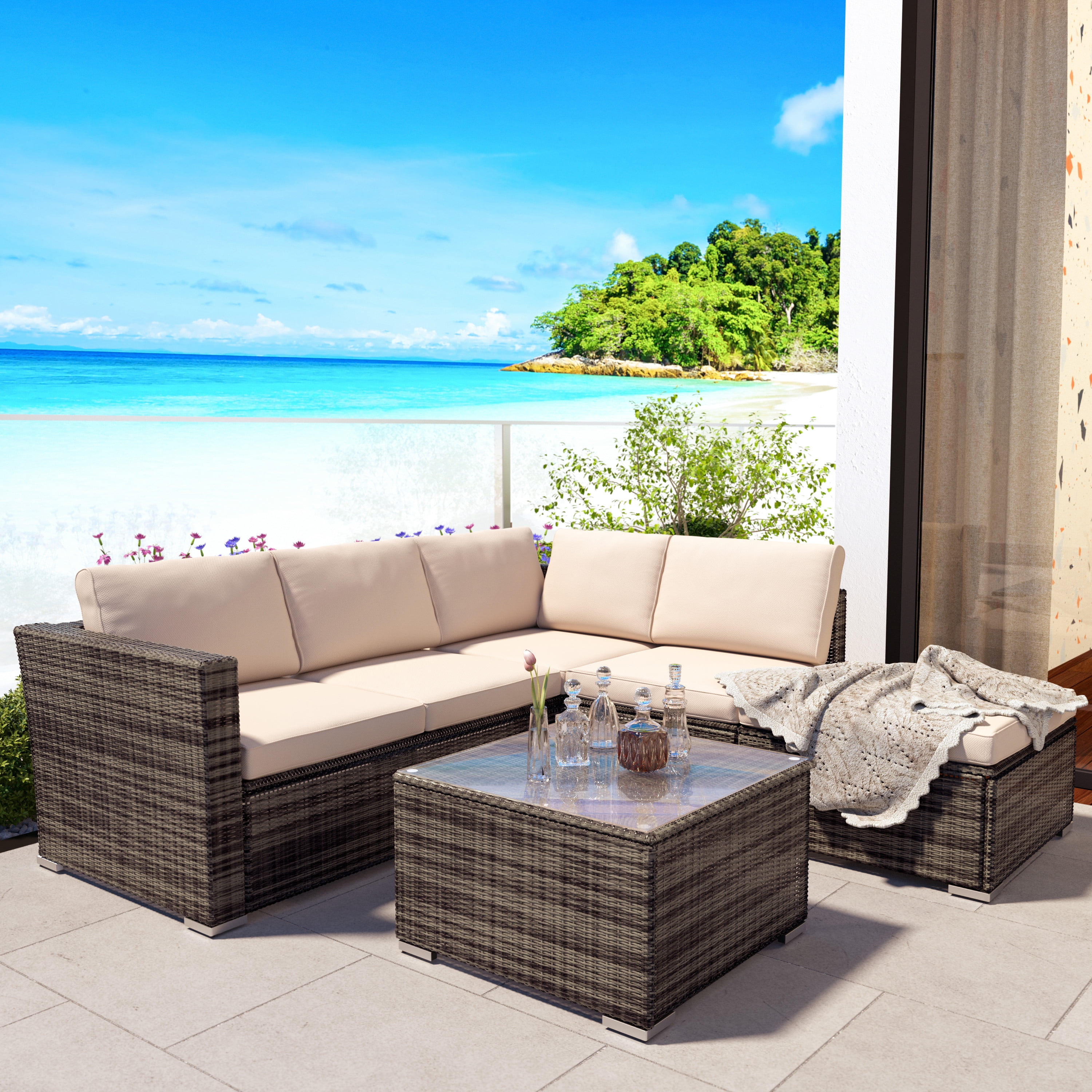 Patio Conversation Furniture Set, 4 Piece Outdoor Sectional Sets with ...
