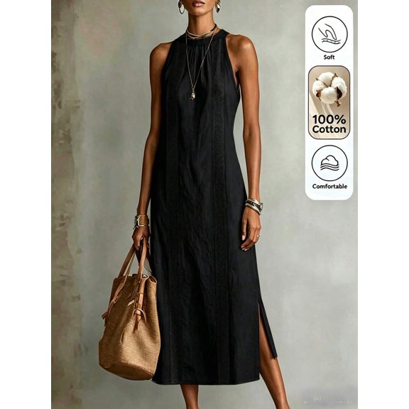 Women Sleeveless Black Halter Neck Maxi Dress Side Split Casual Summer