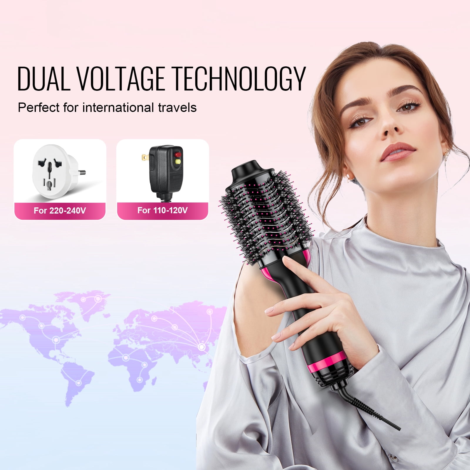 KFFKFF Hair Styling Blow Dryer Brush, 4-in-1 Ionic Hair Enhancer with Electroplated Titanium & 2.95" Ceramic Coated Oval Barrel, Dual Voltage 110V/240V Heat Styling Brush for Home, Salon, and Travel