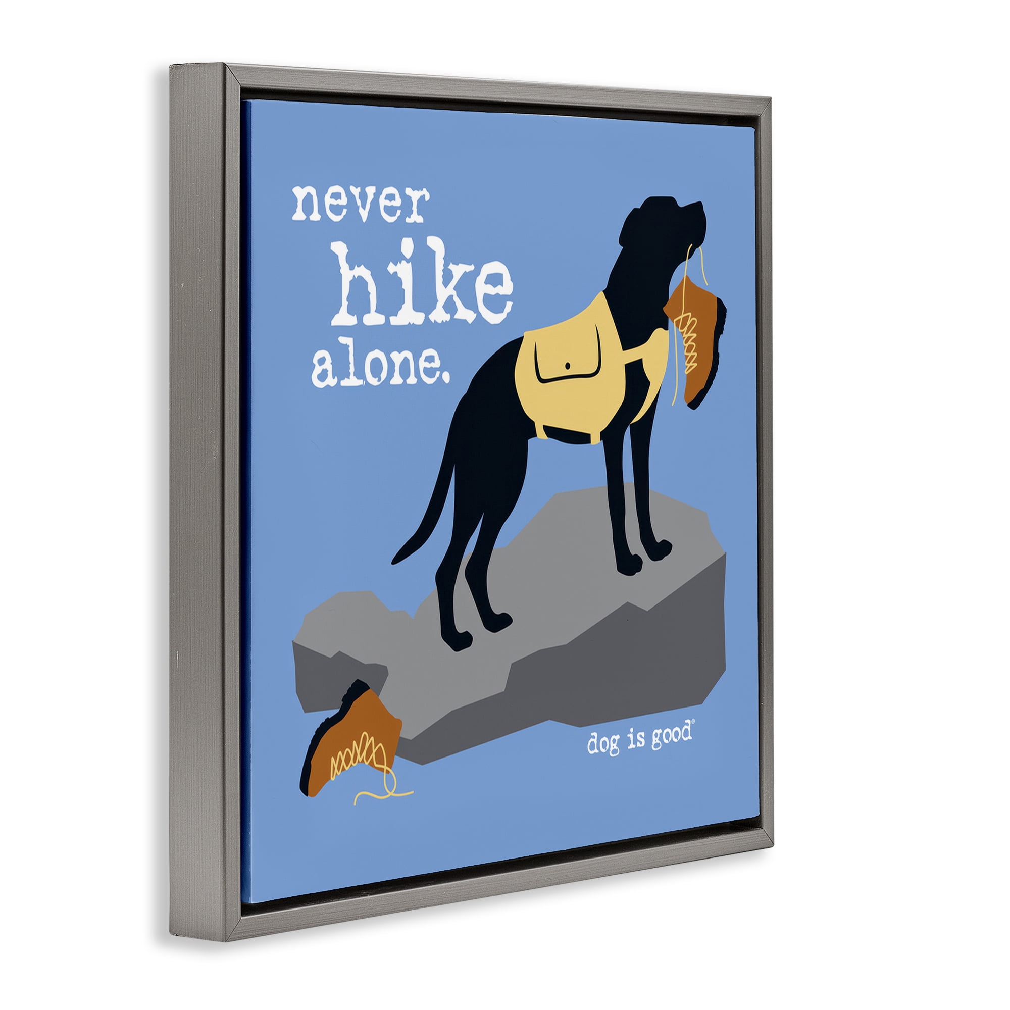 Stupell Industries Never Hike Alone Dog Animals Painting Gray Floater Framed Canvas Art Print Wall Art, 18 x 18