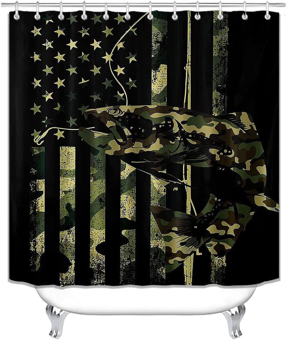Sonernt Fishing Shower Curtain 72x72inch, Vintage Camo American Flag