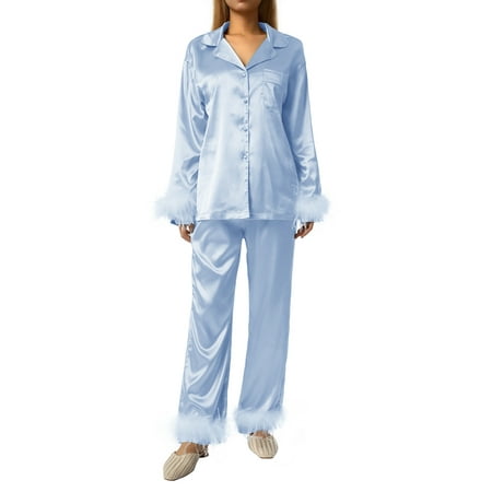 

Women s Feather Pajamas Set Silk Satin Sleepwear Long Sleeve Button Down Shirt Long Pants Nightwear