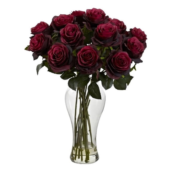 Nearly Natural Blooming Roses Artificial Flower Arrangement with Vase, Red