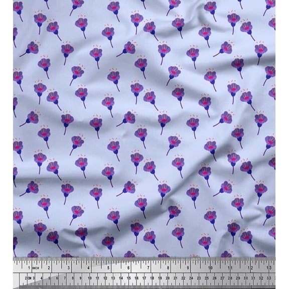 Soimoi Blue Cotton Duck Fabric Freesia Floral Print Fabric by Yard 42 Inch Wide