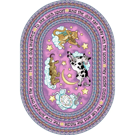 Joy Carpets Kid Essentials Hey Diddle Diddle 3'10" x 5'4" Oval Area Rug in Color Pink
