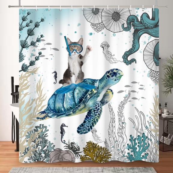 SUNOLIFE Kids Sea Turtle with Cat Shower Curtain Ocean Coastal Fabric Waterproof Bathroom Curtain,72x72 in