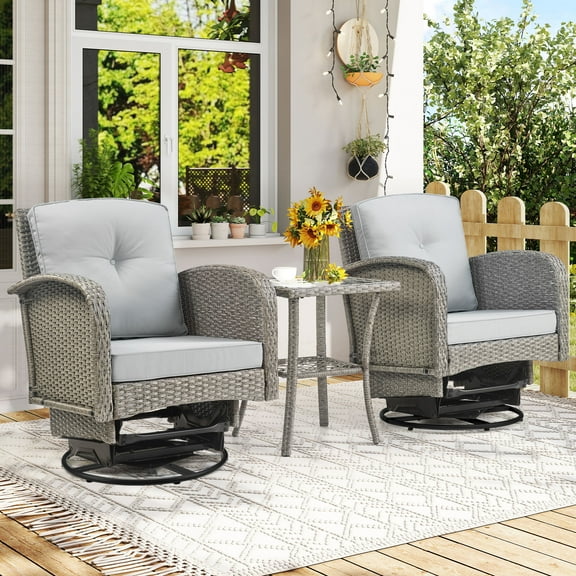 Seizeen Patio Furniture Set on Sale, 3 Pieces Outdoor Rattan Swivel Gliders Rocker w/Coffee Table, Wicker Patio Bistro Chair Set for Front Porch, Rocking Conversation Set w/Thickened Cushions, Gray