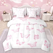 jejeloiu Kawaii Cartoon Butterflies 7pcs Bedding Comforter Set,Wild Flying Animal Queen Bedding Sets,Pink White Queen Sheet Sets For Girls Teens,Super Cozy Room Decor Reversible