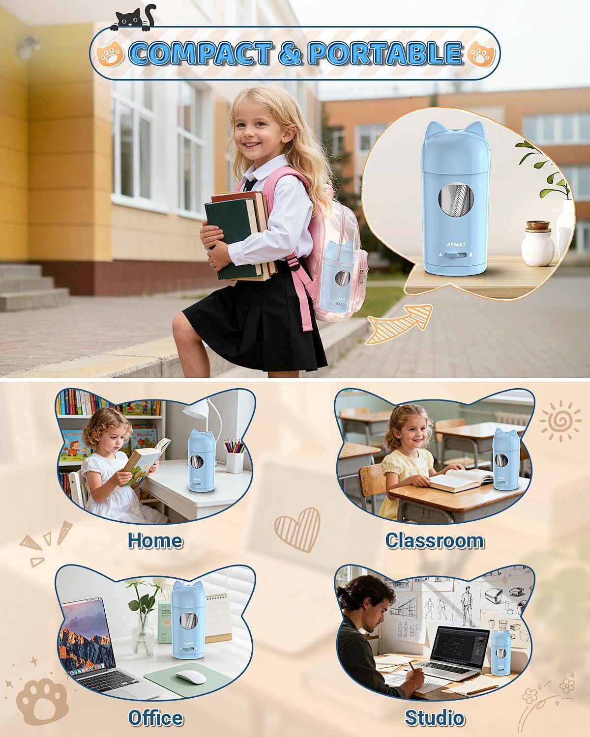 AFMAT Electric Pencil Sharpener, Fully Automatic Pencil Sharpener, Auto in & Out, for φ7-8mm No.2/Colored Pencils, Rechargeable & Cordless, Cute Cat Pencil Sharpeners for Classroom Home