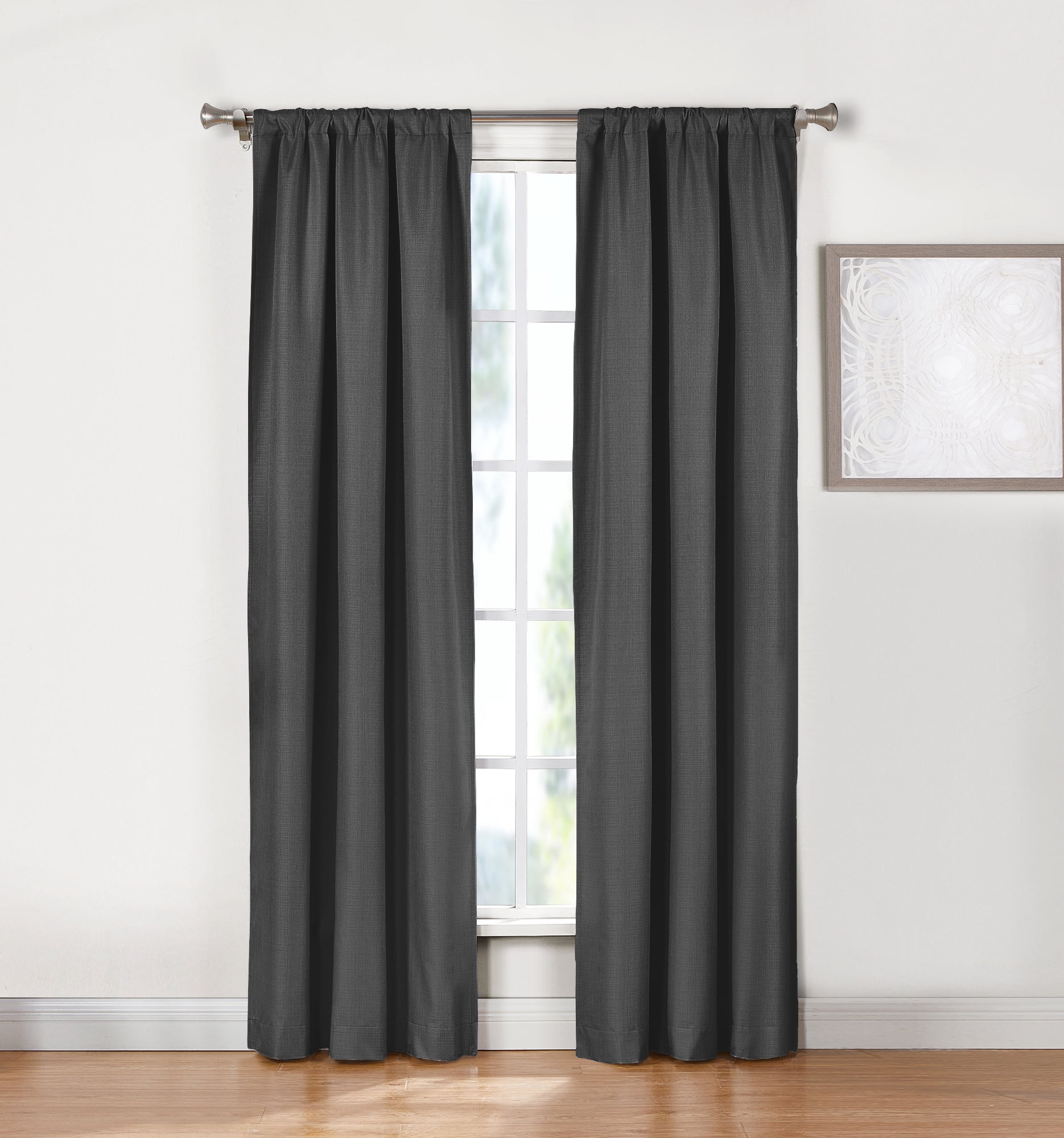 Ecologee Wakefield Textured 100% Blackout Rod Pocket Indoor Curtain Panel Pair, Charcoal, 37" W x 84" L