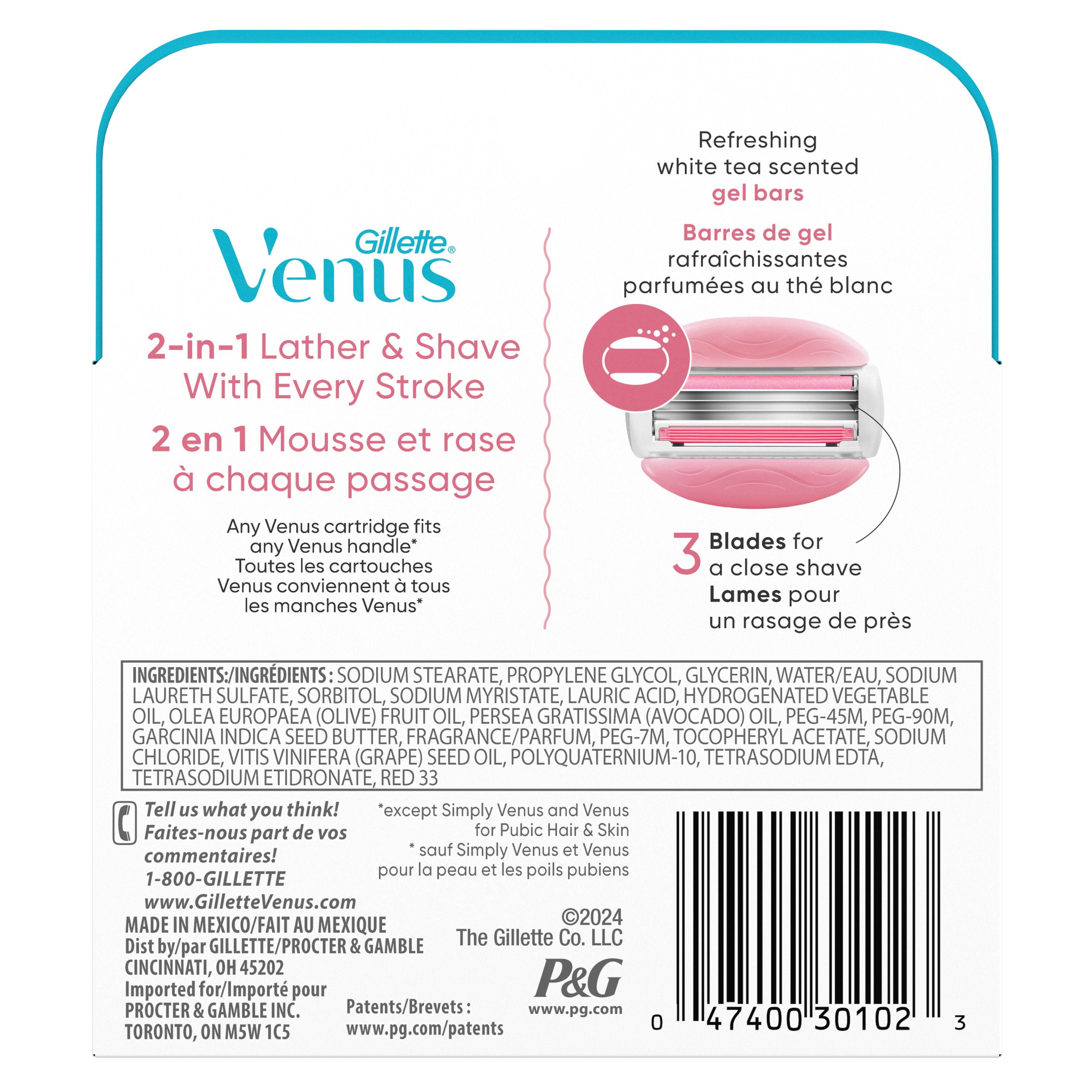 Venus ComfortGlide White Tea Women's Razor Blades, with Built-in Shave Gel Bars, 4 Razor Blade Refills, 4CT