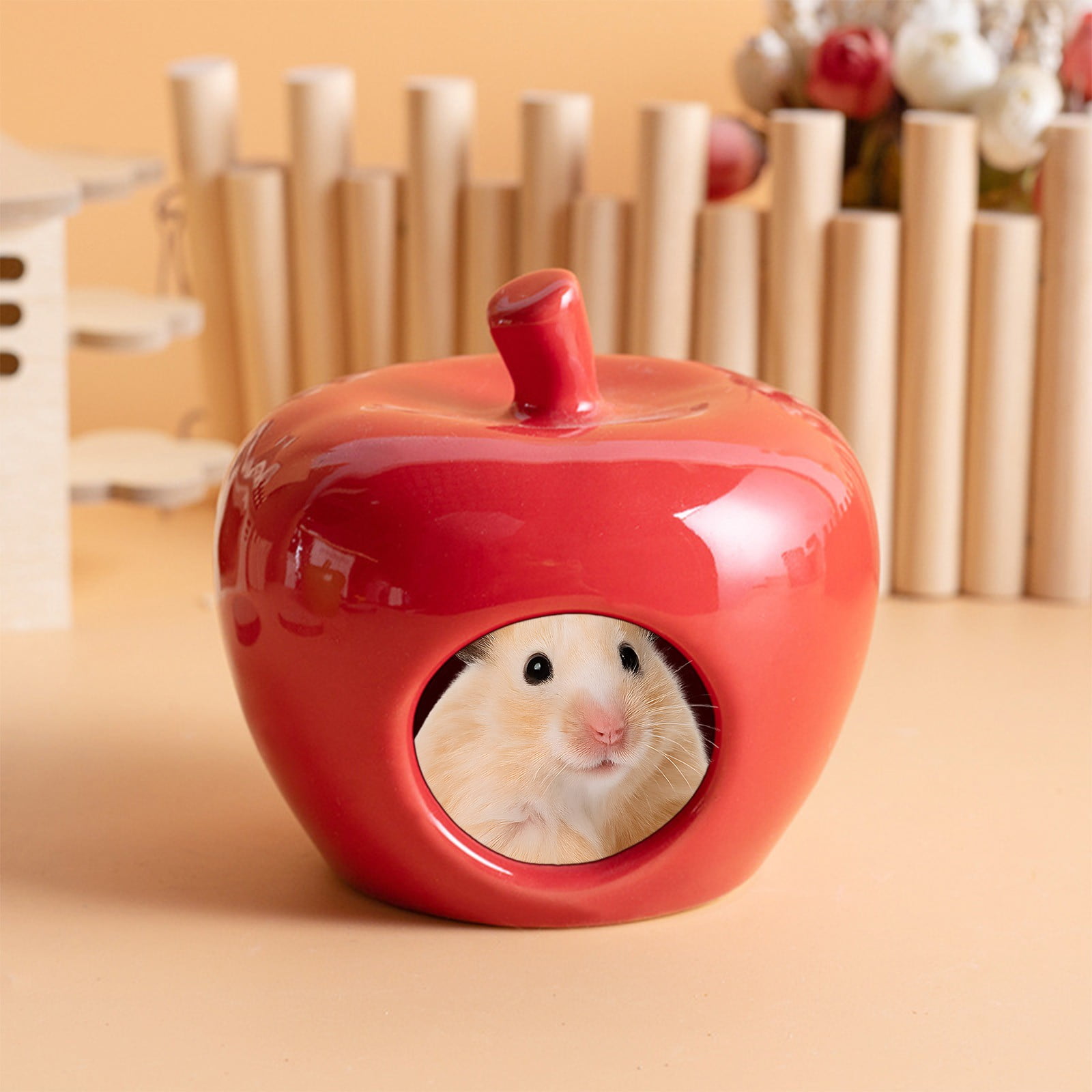 Reindeer Hamster Bed, Cozy Pet Nests, Half Enclosed Ceramic Small Animal Hideaway for Hamsters Guinea Pigs Squirrels Hedgehogs Rabbits, Warm Breathable Safe Shelter, Festive Red Green Design
