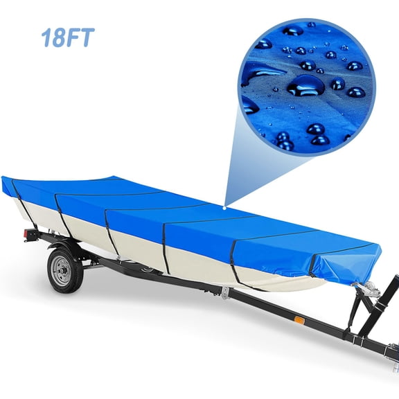18FT Waterproof Boat Cover, Trailerable Cover Heavy Duty Bass Boat Covers, All-Weather Mooring Cover Outdoor Protection Replacement for Jon Boat, Blue