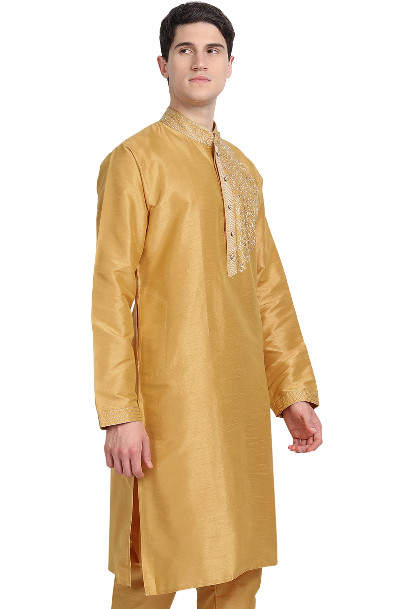 SKAVIJ Men's Tunic Top Art Silk Long Kurta Indian Wedding Casual Shirt  Small Brown