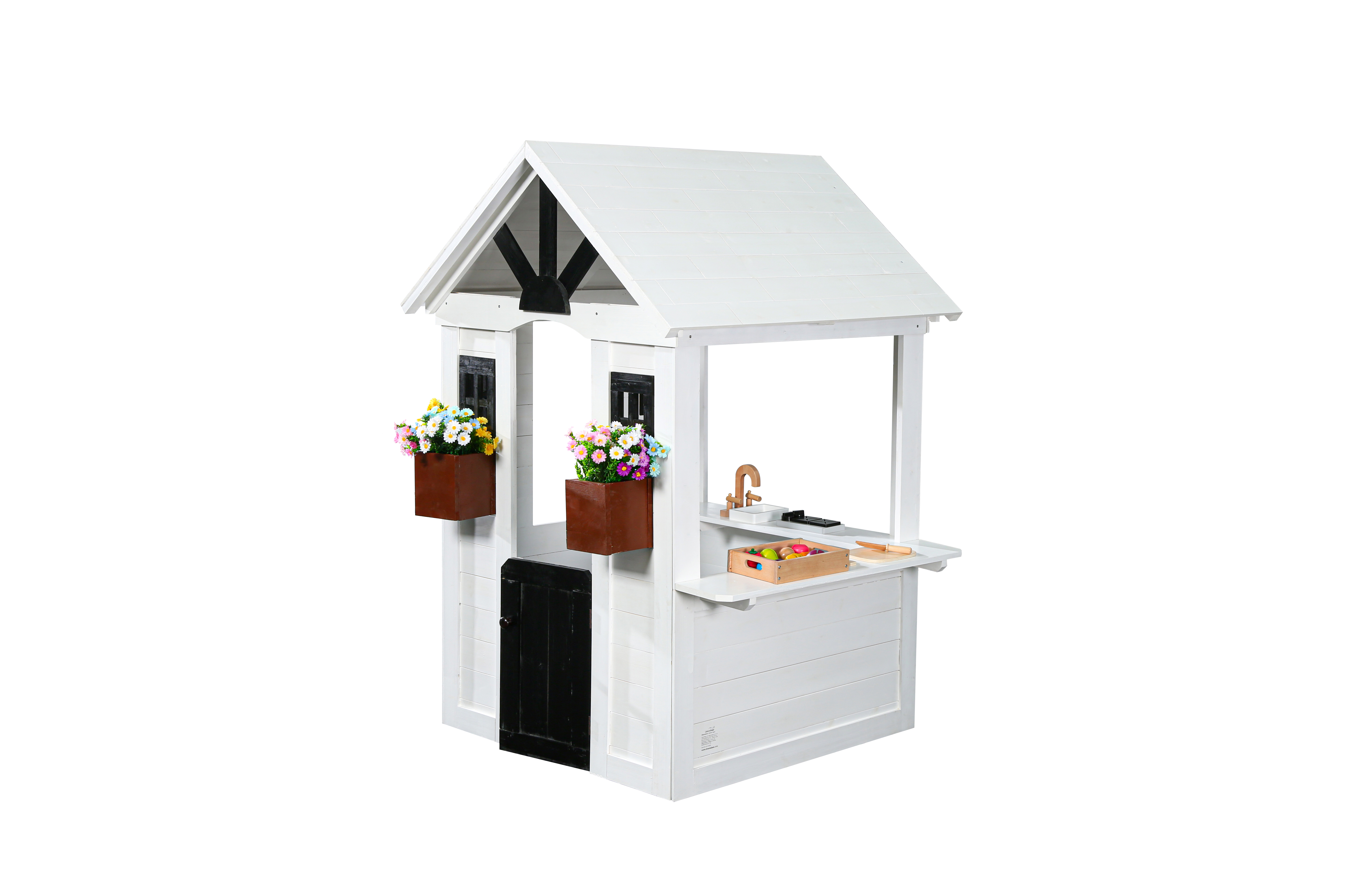 2MamaBees Ajure Playhouse | White & Black Farmhouse Design with Kitchen and Garden