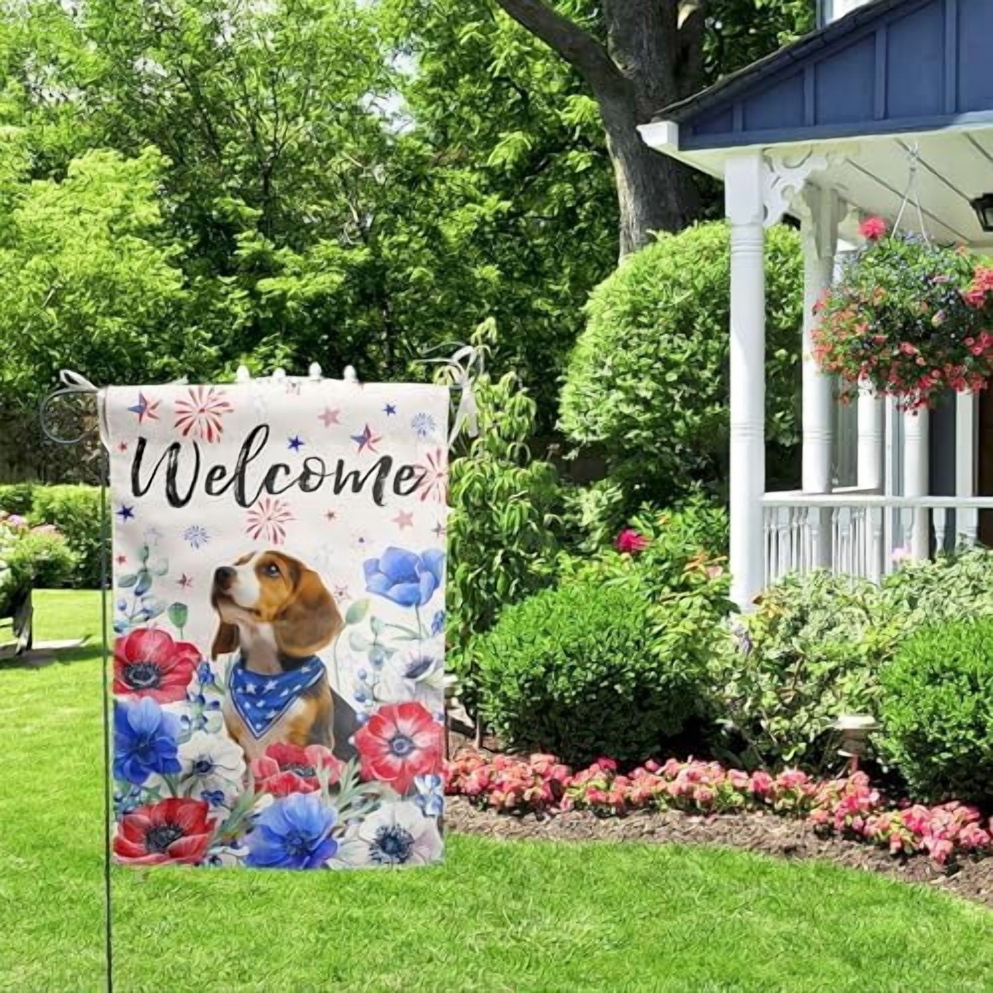 4th of July Beagle Garden Flag Red White Blue Floral Dog Yard Flags Small Memorial Independence Day Banner 12x18 Double Sided for Outside Outdoor Patriotic Decor