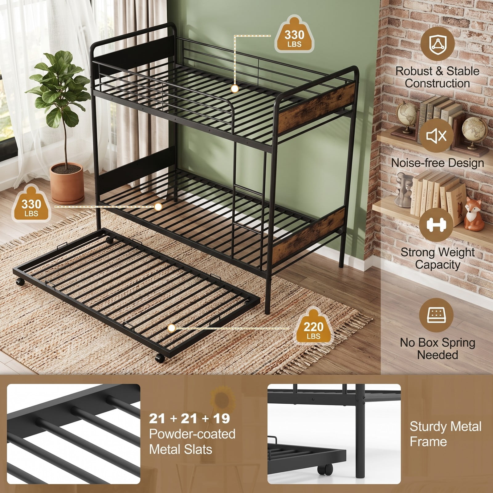 Furnibear Twin Over Twin Metal Bunk Bed with Pull-out Trundle Ladder and Guardrails for Kids Guest Rooms and Dorms, Black
