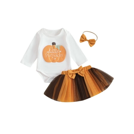 

Jaweiwi Baby Girl Halloween Outfit Pumpkin Print Long Sleeve Romper Tulle Skirt Bow Headband 3 Piece Set for Fall