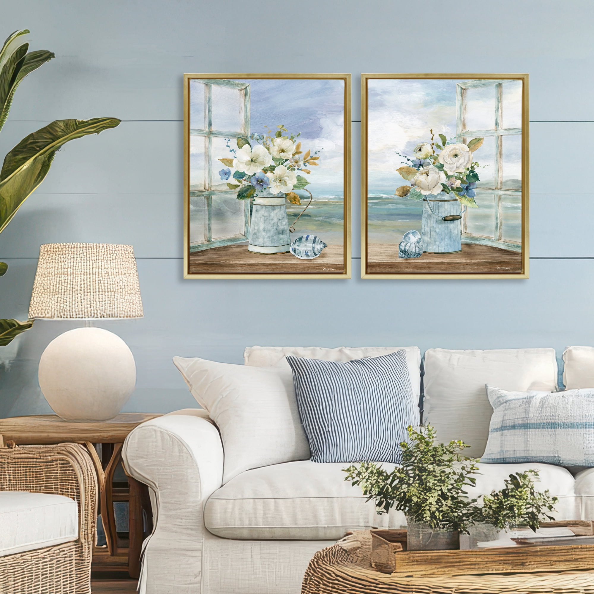 Stupell Industries Seaside Bouquets in Window 2 Piece Gold Framed Floater Canvas Set, design by Carol Robinson