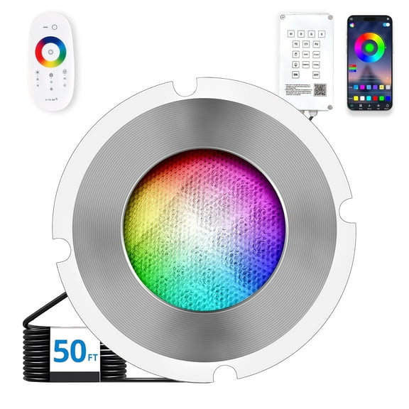 FOXLUX Nicheless Pool Lights, 1.5 Inch LED RGBW Multicolor Inground Pool Light and Spa Light, IP68 Waterproof, AC 120V, 15W,50ft Cable with Controller, APP & Remote Control