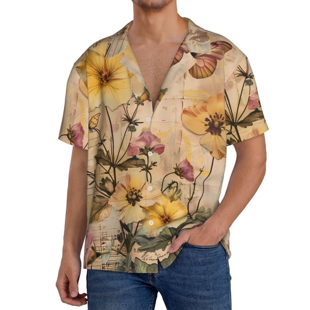 Fotbe Vintage Floral Butterfly Collage Camisa Estampada de Manga Corta para Hombre, Casual de Verano, Estilo Playero, Sin Arrugas-Small