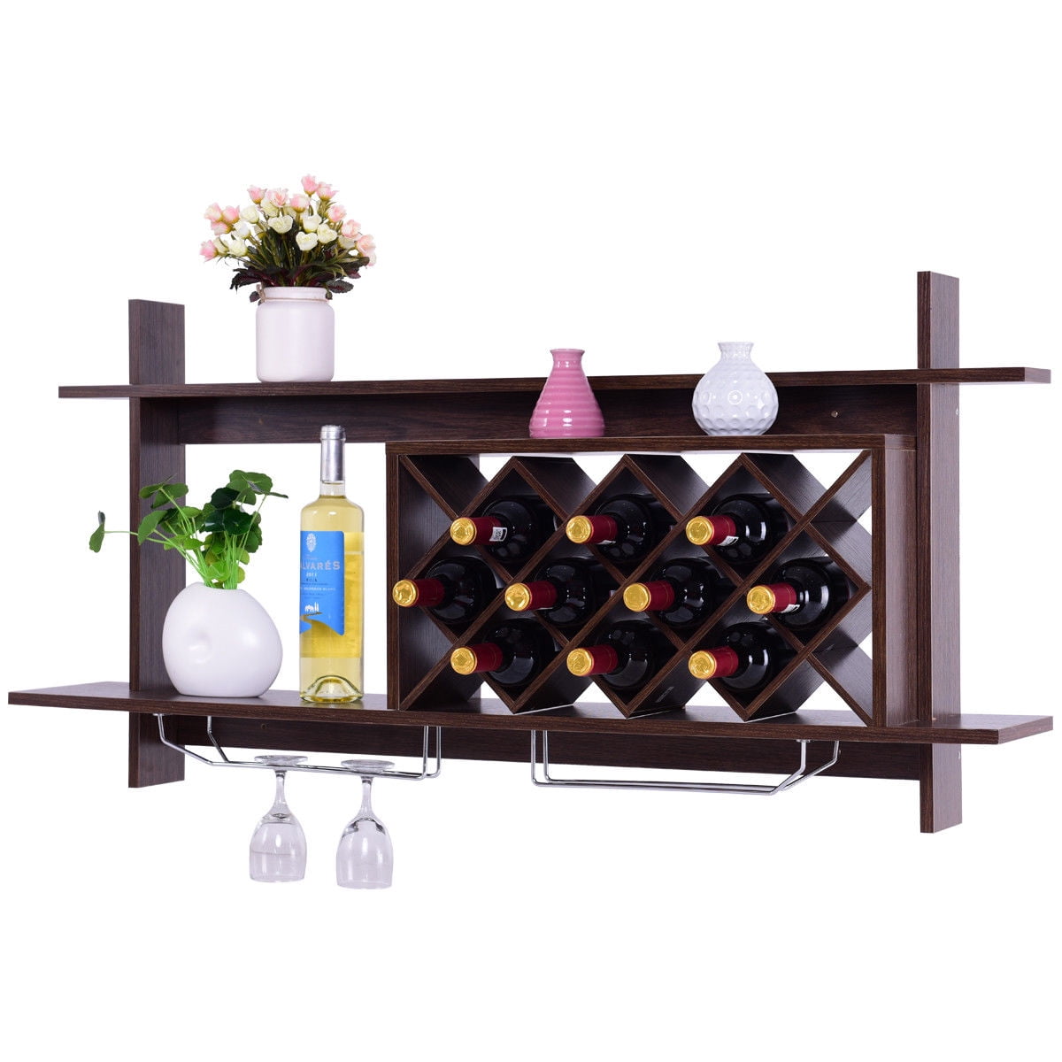 Wall Mount Wine Rack w/ Storage Shelf & Glass Holder Organizer Home Decor Brown 