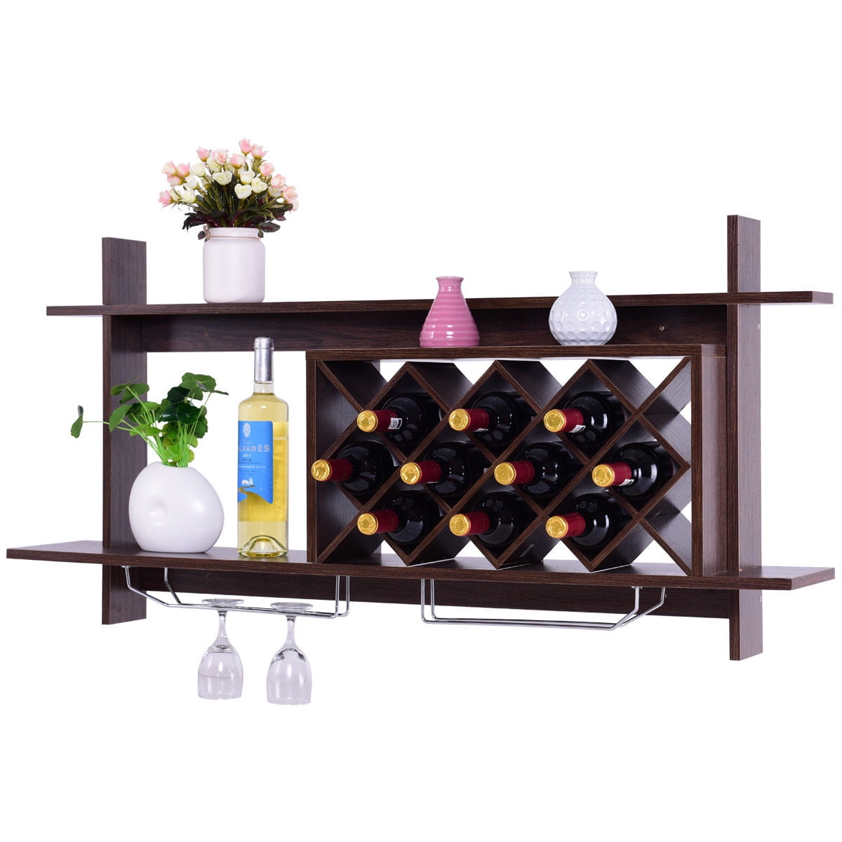 Gymax Wall Mount Wine Rack Organizer With Glass Holder Storage Shelf Home Decor Walmart