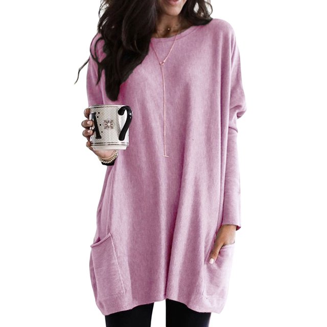 Autumn Winter Oversized Long Sleeve Solid Color Roung Neck Pullover Sweatshirt Blouse For Women Leisure Baggy Pocket T Shirt Tunic Tops
