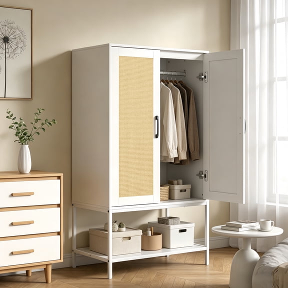 55.1"H Boho Armoire Modern Wardrobe Closet,2 Rattan Doors & Hanging Rod Wardrobe,Freestanding MDF Armoire for Bedroom Storage,Living Room,Bathroom,White