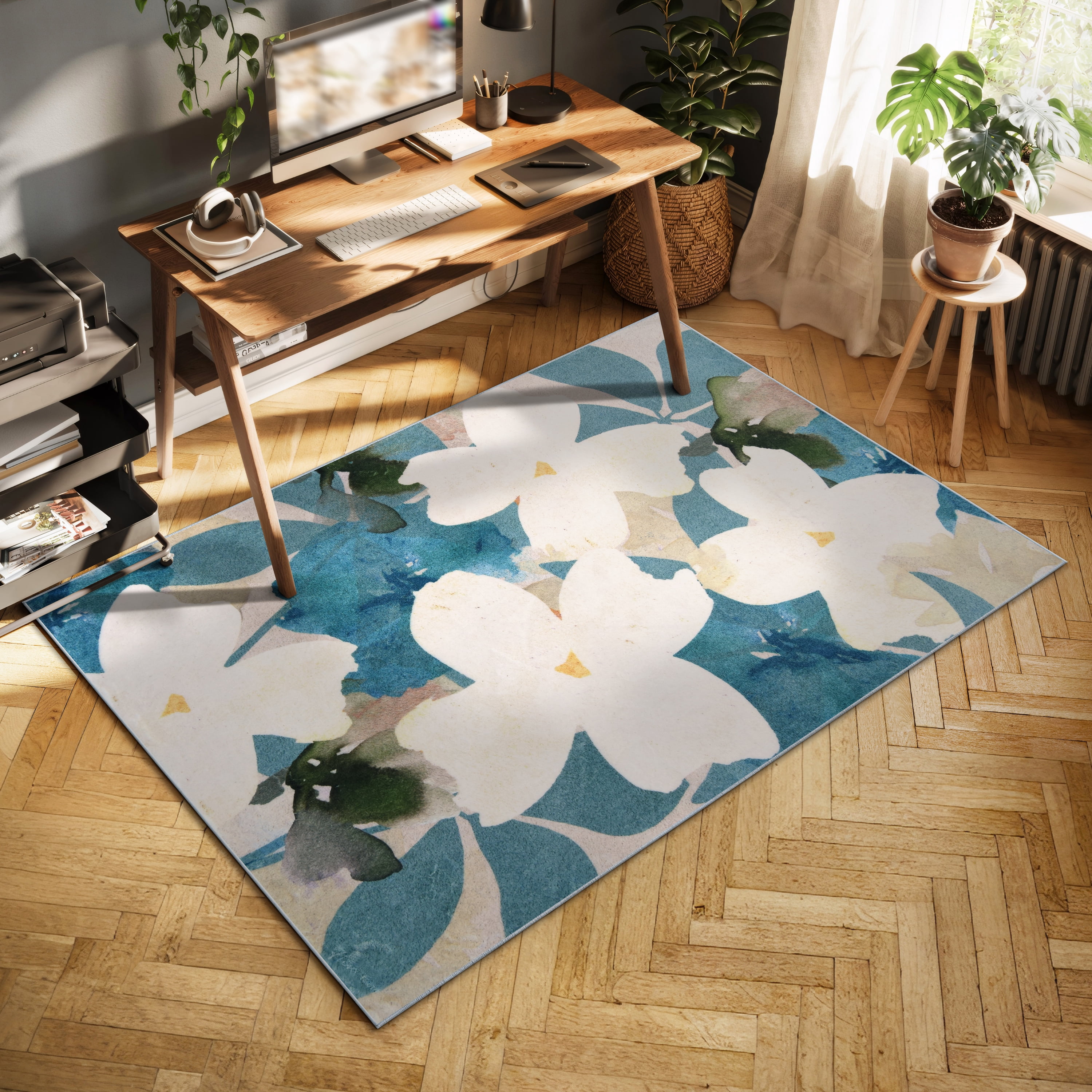 Peach Teal Floral, 5'x8' Hand Washable Flowers Art Area Rug