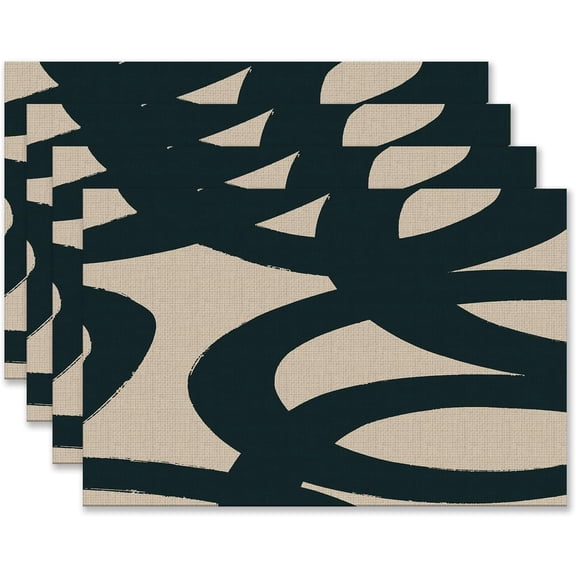 Mid Century Boho Neutral Black and Beige Placemats Set of 4 12x18 Inch, Contemporary Black Brushstroke Table Mats Washable Placemat for Home Party Kitchen Dining Room Decoration