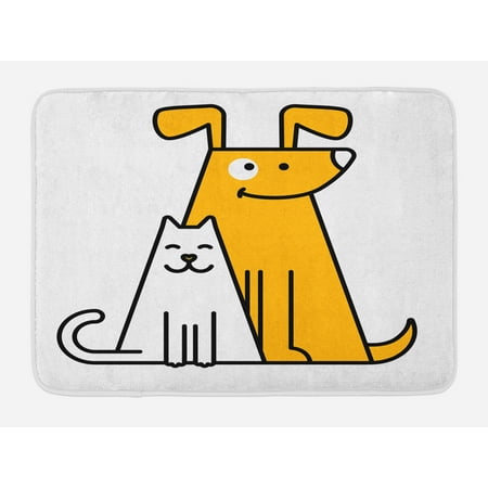 Cartoon Bath Mat, Cats and Dogs Human Best Friends Forever Kids Nursery Room Art Print, Non-Slip Plush Mat Bathroom Kitchen Laundry Room Decor, 29.5 X 17.5 Inches, Black White and Apricot,