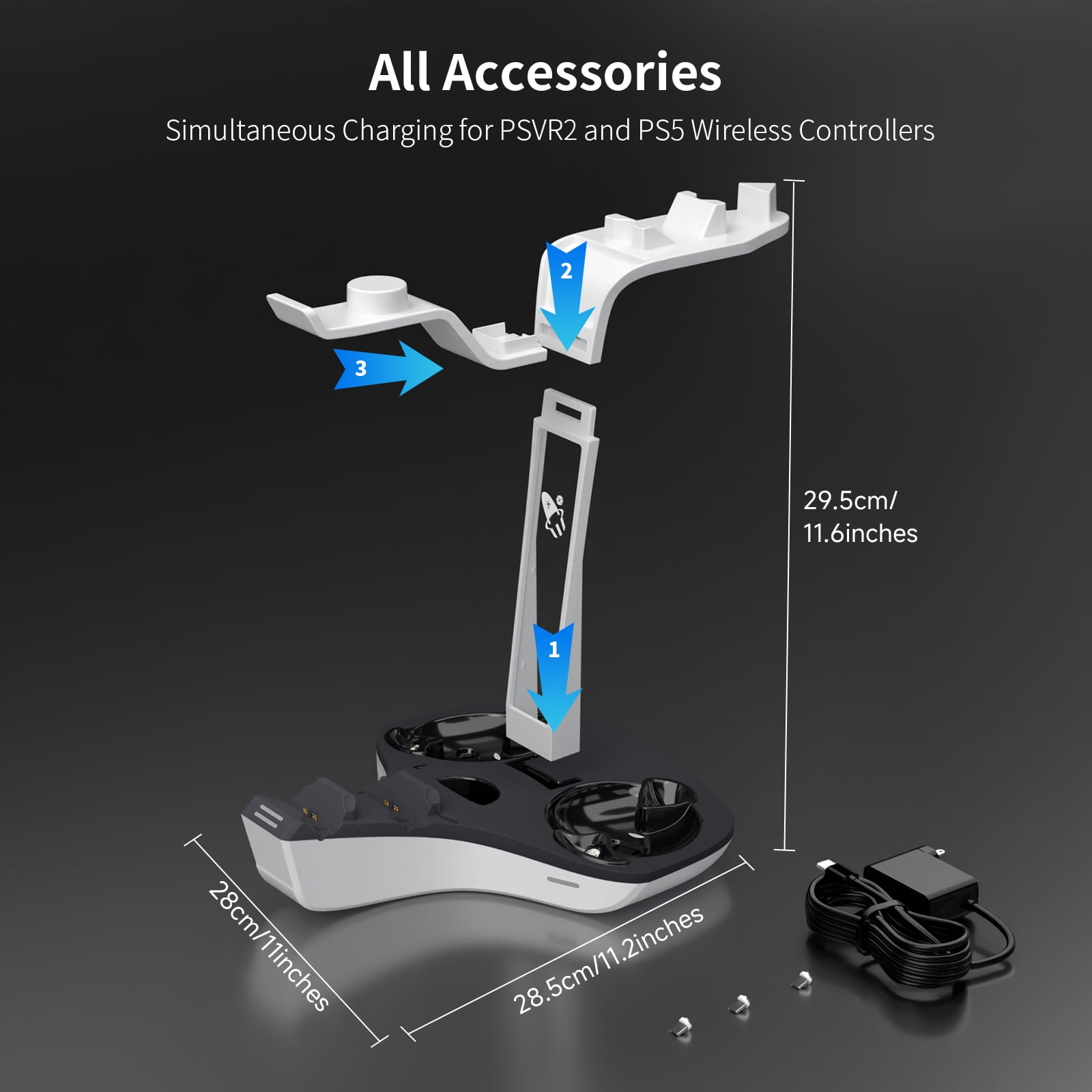 4-in-1 Controller Charging Station for PSVR2 and PS5, Dual Charging Dock with VR Headset Display Holder and Headphone Rack, LED-Charging Indicator, AC Power Adapter, RGB Lights, 3 Magnetic Connector