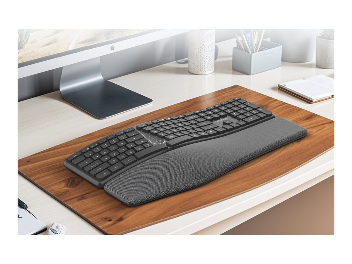 Delton KB250 Computer Ergonomic Wireless Keyboard with USB Dongle, Curved Keyboard with Wrist Pad, Natural Typing Full-Size Quiet Keyboard, Compatible for Laptop/PC/Tablets/Smartphone - Black