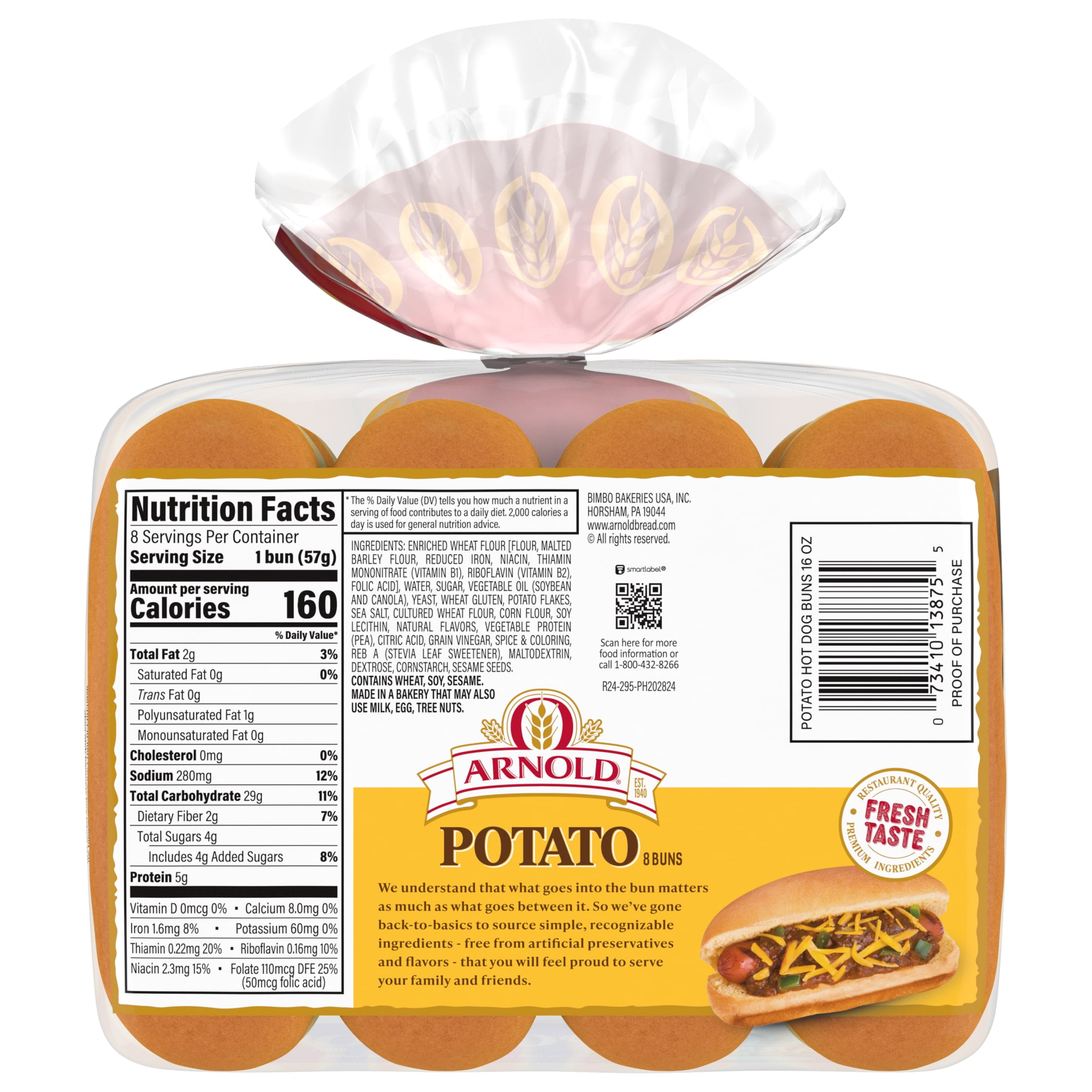 Arnold Potato Buns, 8 count, Hot Dog Buns, 16 oz Bag