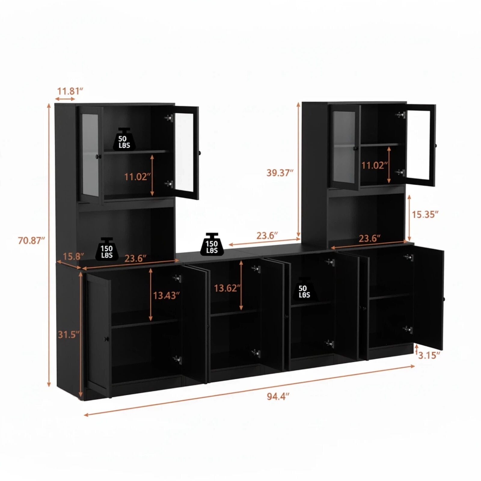 RichYa 4Pcs Kitchen Pantry Storage Cabinet Set,Modular Furniture Cabinets with Display Glass Doors,Hutch Buffet Cabinet with Shelves & Countertop for Dining Room,Black