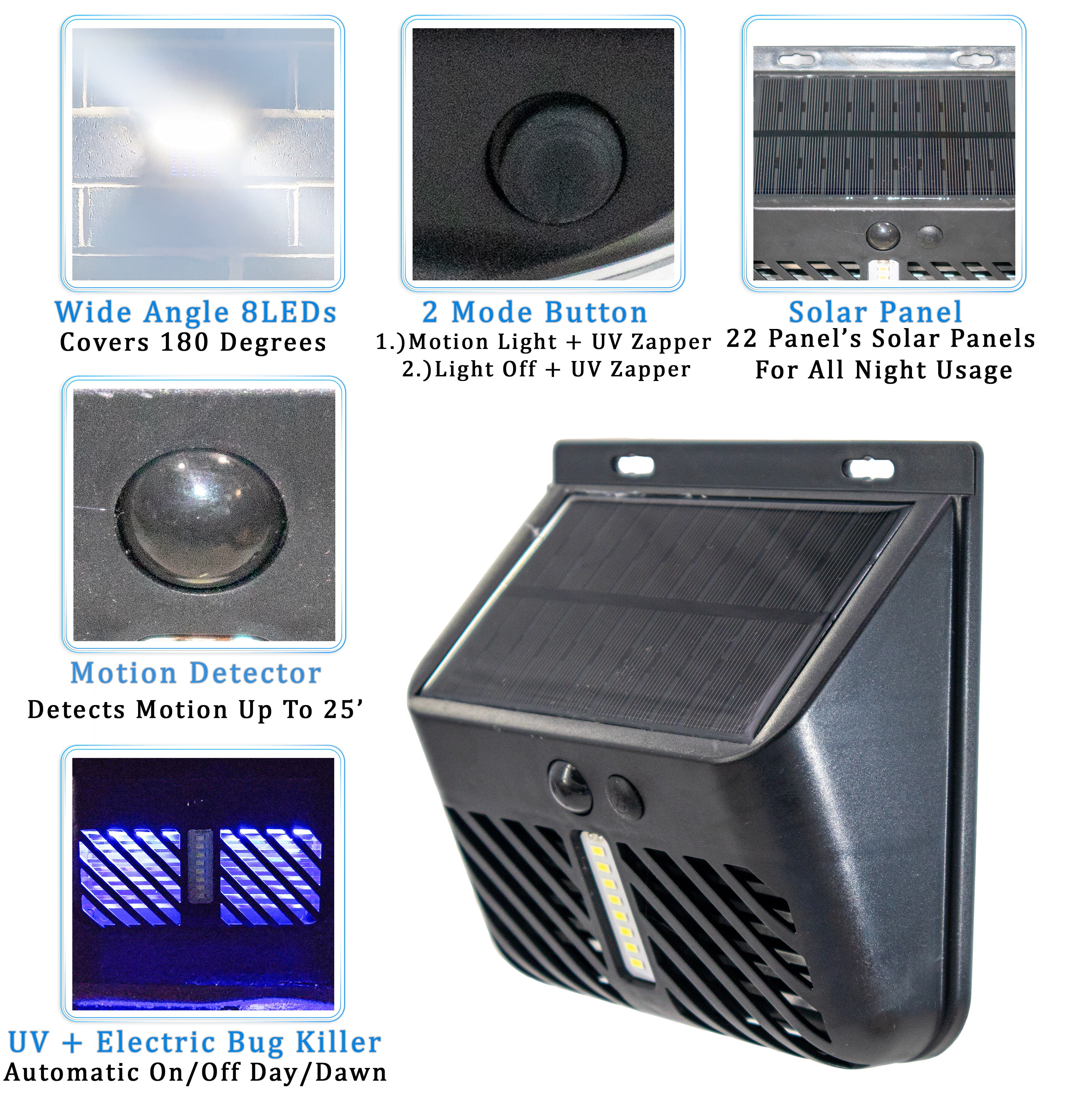 Solar Bug Mosquito Zapper UV Insect Killer w/ Motion Sensor LED Light, Waterproof Insect Pest Control for Garden, Yard, Patio, Camping - Portable, Rechargeable, Eco-Friendly Solar-Powered - 2PC