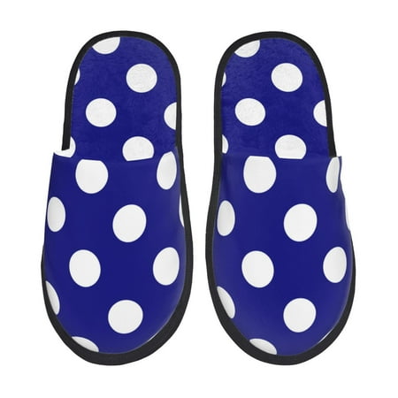 Balery Navy And White Polka Dot Slient Indoor Furry Fleece Comfort House Shoes Soft Non-Slip Home Shoes Cotton slippers House Slippers-- Large