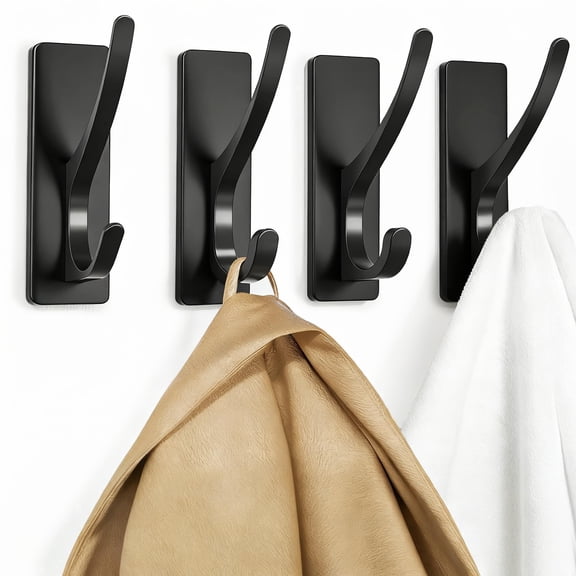 Kaleduo Self Adhesive Coat Hooks for Hanging: Heavy Duty Stainless Wall Hook for Towel, Backpack, Hat, Sturdy Metal Hanger for Bathroom, Bedroom, Door, 4-Pack, Matt Black