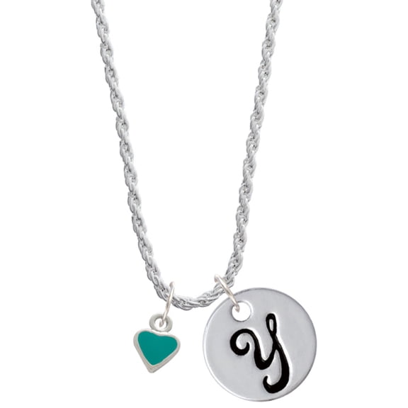 Delight Jewelry Silvertone Mini Two Sided Teal Heart Silvertone Script Initial Disc - Y - Charm Necklace, 20"+3"