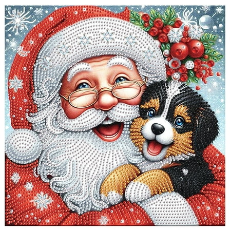 Diamond Art Painting Set, Happy Santa Claus Holding Puppy DIY 5D Diamond Art Adult Set Mosaic Crafts for Home, Office Wall Decoration, Christmas Gift