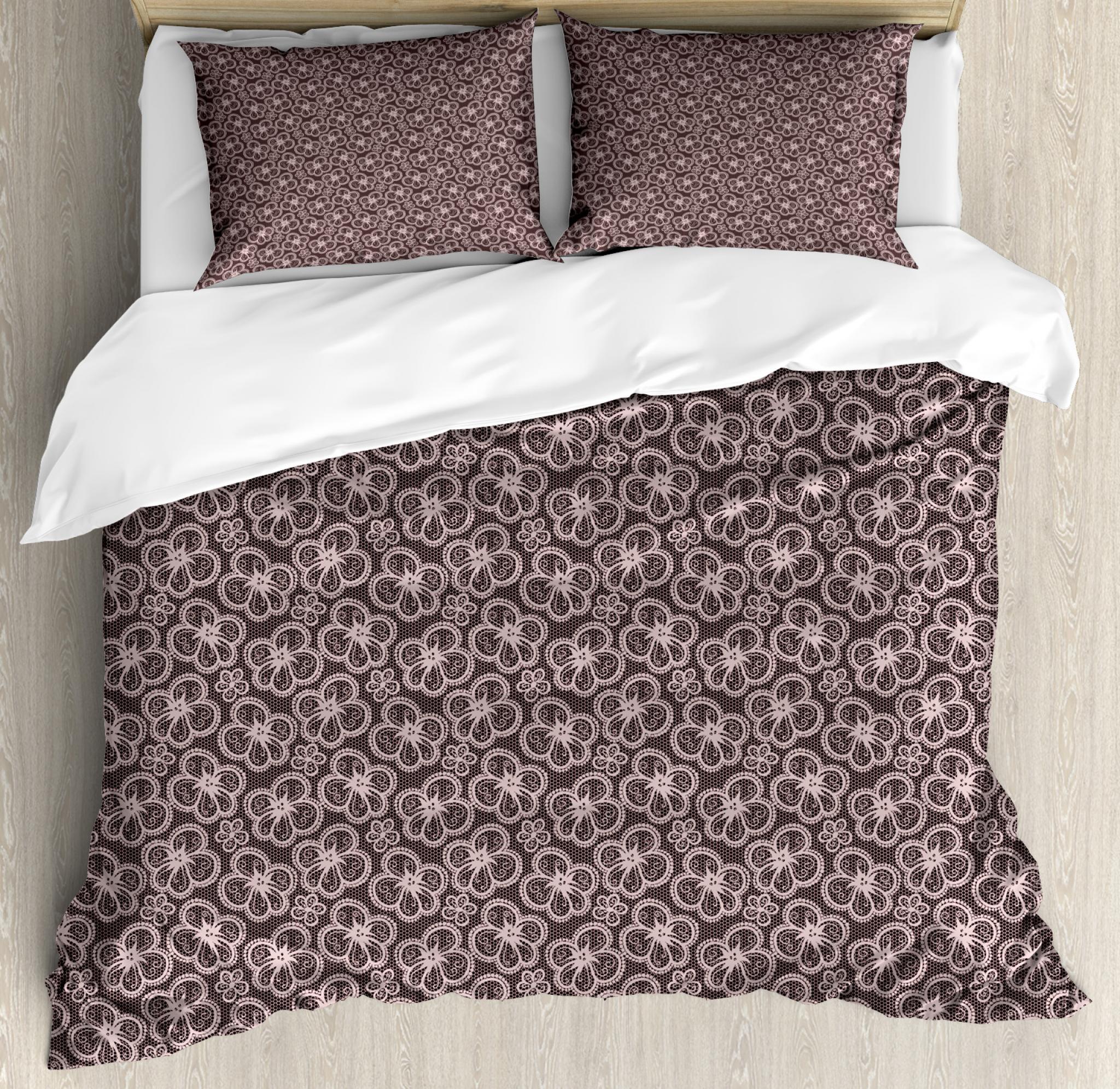 Floral Duvet Cover Set Queen Size, Five Petal Flowers on Swirled Lines